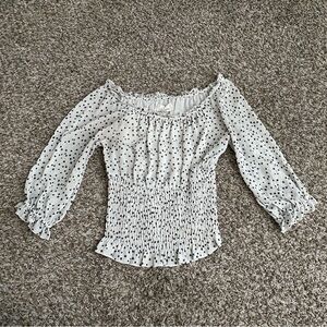 Anthropologie Lucia Blouse Women’s S Ivory Black Smocked Off Shoulder Polka  Dot